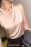 Yipinpay Summer Plus Size Women's Blouse Sleeveless Suspenders V-neck Loose Casual Fashion Vest Women Satin Silk Top Bottoming Shirt