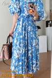 Yipinpay Square Blue Ink Dress Women Backless Lace Up Vintage Maxi Dresses Vestidos De Mujer Elegant Lantern Short Sleeve Print