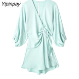 Yipinpay Fashion 2023 Women Solid Knot Mini Dresses Summer Elegant V-neck Soft Dress A-line Three Quarter Party Vestidos