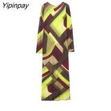 Yipinpay Sexy Women Printed Mid-Calf Dresses Autumn Elegant O-neck Backless Dresses Vintage Long Sleeve Fashion Vestidos