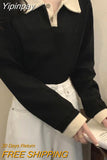Yipinpay Sweatshirts Patchwork Women Preppy Style Basic T-Shirts Long Sleeve Turn-Down Collar Harajuku Fashion Casual Tops