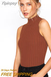 Yipinpay High Quality Summer Autumn Women Mock Neck Top Turtleneck Sleeveless T-shirt Slim Knitted Vest Female Tee Knitwear