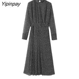 Yipinpay Elegant 2023 Women Dot Dresses With Belt Autumn Fashion Ladies Party Mid-Calf Dresses Fashion Long Sleeve A-line Vestidos