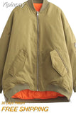 Yipinpay TRAF Fashion Jackets for Women 2023 Winter Bomber Jacket Loose Coats Female Chic Stand Collar Front Zipper Warm Outerwear
