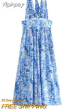 Yipinpay Print Halter Long Dress Women Blue Floral Backless Dress Woman Off Shoulder Sexy Summer Dresses Midi Holiday Party Dresses