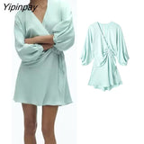 Yipinpay Fashion 2023 Women Solid Knot Mini Dresses Summer Elegant V-neck Soft Dress A-line Three Quarter Party Vestidos