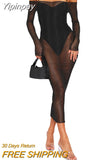 Yipinpay See-Through Black Mesh Sheer Cover-ups Bodycon Dress Women Sexy Off-Shoulder Long Sleeve Midi Club Dress Streetwear