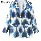 Yipinpay Women Spring Summer Tie-Dyed Thin Blazer Suits Sets 2023 Silk Soft Long Sleeve OL Jacket Wide Leg Print Pants Sets