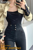 Yipinpay Lady Solid Color Patchwork Shirt Fake Two Spring Autumn Women's Clothing Korean Fashion Button Chain Blouse Slim Tops