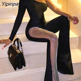 Yipinpay Women Solid Elegant One Long Sleeves Shoulder Studded Flared Leg Bodycon Black Jumpsuit