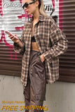 Yipinpay Vintage Plaid Shirts Women Loose Gingham Female Blouse Autumn 2023 Button Top Shacket Oversized Long Shirts Ladies