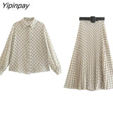Yipinpay Women Summer Fashion Geometric Skirts Sets With Belt 2023 Female Elegant Single Breasted Shirts Mid-Calf A-Line kirts