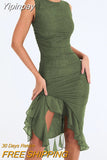 Yipinpay Women Elegant Ruffle Ruched Midi Dress Summer New Backless Sleeveless Irregular  2023 Sexy Chic Club Party Dress Vestidos