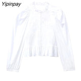 Yipinpay 2023 Women Solid Blouses Shirt Spring Fashion Female Long Sleeve Elastic Tops Ruffles Collar Single Breasted T-Shirts
