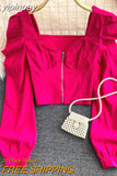 yipinpay Sexy Zipper Crop Tops Female Ruched Casual Vintage Long Sleeve Blusas Women Korean Elegant Camisas Club Short Shirt