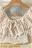 Yipinpay 2023 French Vintage Tank Tops Women Floral Print Slash Neck Off Shoulder Camis Female Sexy Bandage Puff Sleeve Shirts