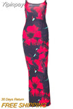 Yipinpay Red Floral Bodycon Long Dress Women Sexy Sleeveless Straps Wrap Sheath Dress Cocktail Party Club Night Outfit Vestidos