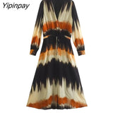 Yipinpay Elegant 2023 Women Tie Dye Dresses WIth Belt Spring Autumn Fashion A-line V-Neck Party Dress Long Sleeve Vestidos