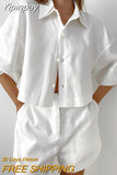 Yipinpay White Cotton Linen Shorts Sets 2-Piece Street Outfits Short Sleeve Shirt And Wide Leg Shorts Summer 2023 Ladies Suit