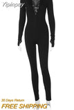 Yipinpay Shoulder Pads Long Sleeve Jumpsuit Women Summer Cross Bandage Sexy Jumpsuits Femme Black V-Neck Bodycon Overalls