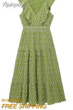 Yipinpay Embroidered Long Dress Women Green Ruffle Summer Woman Dress 2023 Cut Out Midi Dresses Sleeveless Elegant Women's Dresses