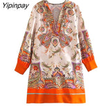 Yipinpay Elegant Women Printed Dresses 2023 Spring Autumn Fashion Vintage V-neck Mini Dresses Long Sleeve Soft Causal Vestidos