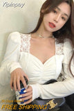 Yipinpay Vintage Blouses Women Puff Sleeve Square Collar Tops Female Lace Design Office Ladies Sweet 2023 Summer Korean Fashion