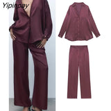 Yipinpay New Fashion Women Pant Shirt Sets 2023 Summer Long Sleeved Soft Silk Blouse+Elastic Waist Wide Leg Pants Outwear