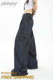yipinpay Women's Blue Vintage Wide Leg Jeans Fashion Baggy High Waist Straight Pants High Street Mopping Denim Trouser Autumn Ladies