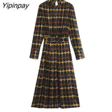Yipinpay New Women Print Mid-Calf Dresses With Belt 2023 Spring Summer Fashion Ladies Party Dresses Long Sleeve Elegant Vestidos