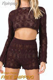 Yipinpay Women 2PCS Pants Suit Striped Plain Long Sleeve Knitted Hollow Crew Crop Tops High Rise Shorts Ladies Summer Bar Party Wears