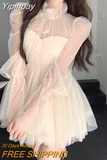 Yipinpay Dot Y2k Mini Dress Woman Solid Vintage Puff Sleeve Dress Kawaii Slim 2023 Spring Korean Fashion Evening Party Dress Gothic