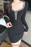 Yipinpay Wrap Hip Short Square Collar Sweater Dress Bodycon Slim 2023 Winter Black Knitted Dress Robe Gentle Vestidos Mujer