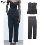 Yipinpay Ladies Solid Blazer Sets 2023 Pretty Strapless Single Breasted Tops Straight Trousers Basic Zipper Pants Causal Suits