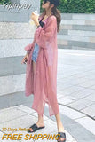 Yipinpay Summer Mid-length Women's Shirts and Blouses Fashion Sunscreen Clothing Thin Cardigan Chiffon Beach Top Oversized Shirts