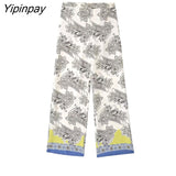 Yipinpay 2023 Spring Autumn Women Printed Shirts Suit Oversized Fashion Single Breasted Blouses 2 Pcs Wide Leg Pants Street Outwear