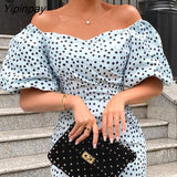 Yipinpay Women Elegant Half Lantern Sleeves Polka Dot A-line Bodycon Midi Formal Party Dress