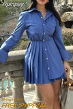 Yipinpay Blue Shirt Dress Woman Striped Pleated Short Dresses For Women Long Sleeve Casual Summer Women's Dresses Button Mini Dress