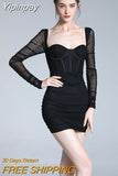 Yipinpay Sleeve Bodycon Dress Halter Boning Corset Dress Sexy Mesh Evening Night Club Party Dress Mini Autumn Dress Women 2023 Lined