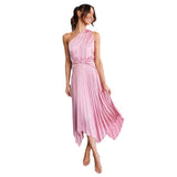 Yipinpay Women Fashion Trend One Shoulder Pleated Dresses Elegant Loose Irregular Batwing Sleeve Frock Ladies Pink Evening Maxi Vestidos