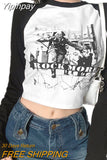 Yipinpay Women Gothic T-shirts Crop Tops Fall Winter y2k Clothes 2023 Fashion Classic Slim Long Sleeve Print Streetwear Tops