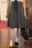Yipinpay Vintage Y2k Pleated Skirt Women Preppy Style Autumn Korean Fashion High Waist Knee Length A-line Skirt 90s Aesthetic