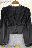 Yipinpay Sexy V-neck Blusas for Women Lace Patchwork Puff Sleeve Crop Tops Female Elastic Waist Casual Korean Blouses Shirts
