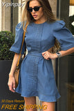 Yipinpay Blue Elegant Women Denim Dresses Short Sleeve Hollow Out Ruffled Dress Office Ladies Ruched Wash Jeans Dress 2023
