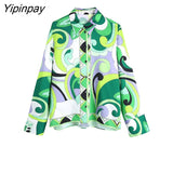 Yipinpay 2023 Summer Women 2PCS Print Blouses+Skirts Set New Turn Down Collar Long Sleeve Tops High Waist Dress Girl Outfits