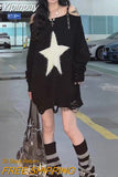 Yipinpay The Shoulder Vintage Black Star Sweater Women Loose Sexy Knitted Tops Jumper Y2k