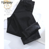 Yipinpay Winter Warm High Waist High Elastic Thickened Mini Flare Jeans Woman Lengthened Plus Velvet