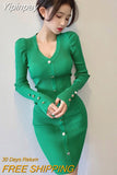 Yipinpay Women Dresses 2023 Lady Fashion Sexy V Long Sleeve Single-breasted Women Knitted Dress Bodycon Knee Wild Vestido Mujer Robe