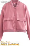 Yipinpay TRAF Fashion Bomber Jackets for Women 2023 Spring New Outerwear Female Long Sleeve Big Pockets Jackets Coats Ladies Coat