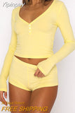 Yipinpay Womens Summer Y2K Chic 2Piece Infit Suit Solid Color Button V Neck Skinny T-Shirt + Low Waist Shorts Homewear Pjs Set